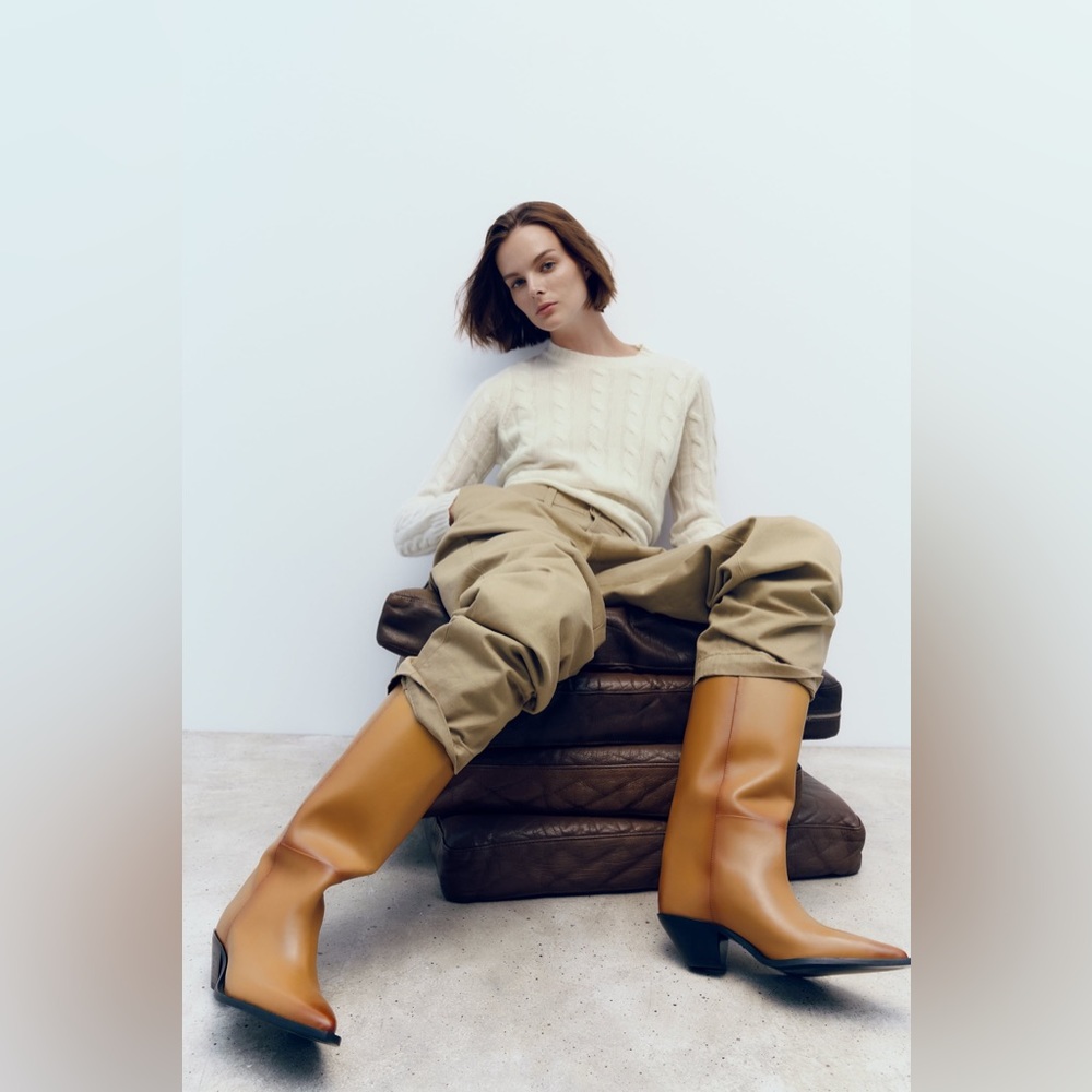 ZARA HEELED LEATHER COWBOY BOOTS | BEIGE | 1010 110 - Picture 2 of 9